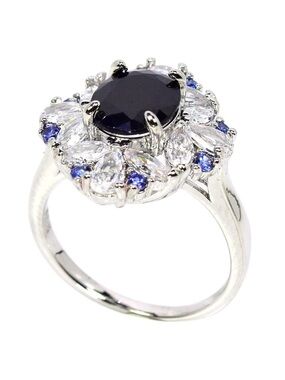 Classic Natural Blue Sapphire w/ Zircon Halo Ring in 925 Sterling Silver Sz 8.25